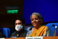 Union Minister for Finance and Corporate Affairs, Nirmala Sitharaman addressing a Post Budget 2021 Press Conference, in New Delhi, India on 1st February 2021. The Minister of State for Finance and Corporate Affairs, Shri Anurag Singh Thakur in the picture Union Minister for Finance and Corporate Affairs, Nirmala Sitharaman addressing a Post Budget 2021 Press Conference, in New Delhi, India on 1st February 2021. The Minister of State for Finance and Corporate Affairs, Shri Anurag Singh Thakur in the picture